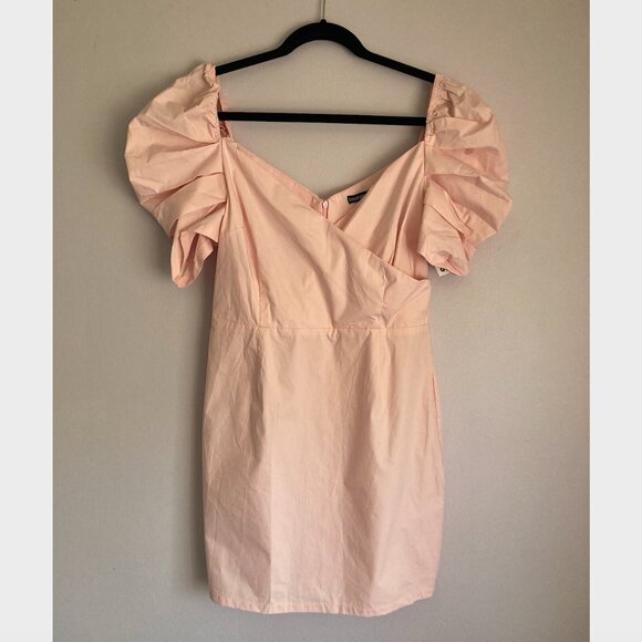 Boohoo Cara Sweetheart Neck Puff Sleeve Mini Dress Blush Sz. US10 NWT - Picture 2 of 4